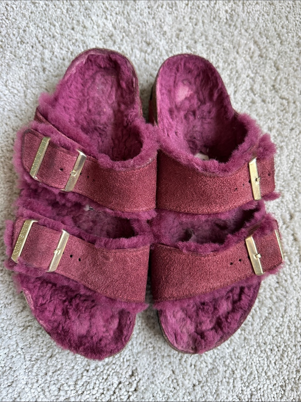 Birkenstock Burgundy Suede Shearling Double Strap Sandals Gold Buckles 9-9.5